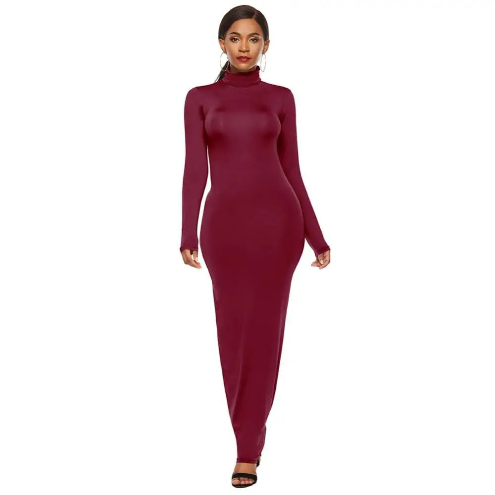 qgtao聽Women Long Dresses Plus Size Party Solid Color Women Long Sleeve Turtleneck Bodycon Dress Maxi Vestidos S-5XL