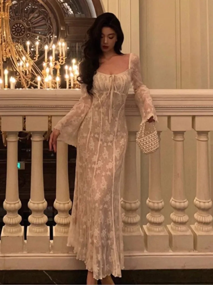 qgtao Autumn Elegant Flare Sleeve Bodycon Midi Dresses for Women New Slim Mermaid Wedding Runway Party Lace Vestidos Vintage Clothing