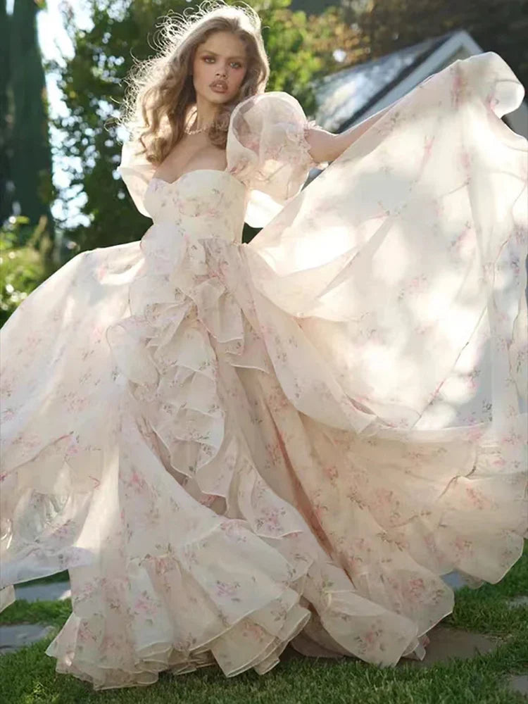 qgtao Long Floral Print Prom Dresses for Women Square-Neck Floor-Length A-Line Special Event Wedding Gala Evening Party Maxi New