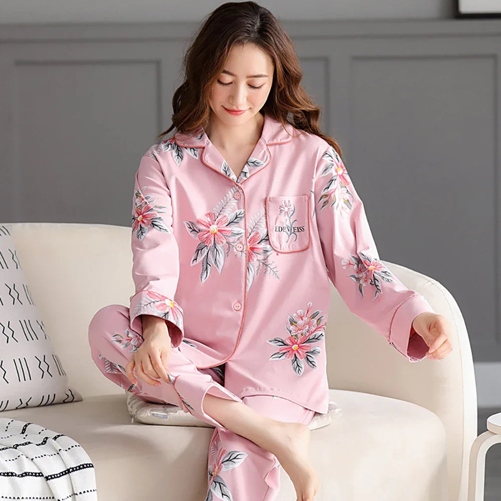qgtao M-3XL 100% Cotton Elastic Waist Trousers Sets Spring Autumn Print Sleepwear Women's Big Size Pajama Breathable Soft Pijama Mujer