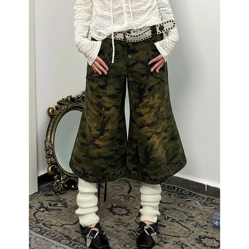 qgtao - Women's Shorts Jeans camouflage High Waist Straight Pants Streetwear Harajuku Y2K Female Wide Leg Denim Five Points Trouser 2024