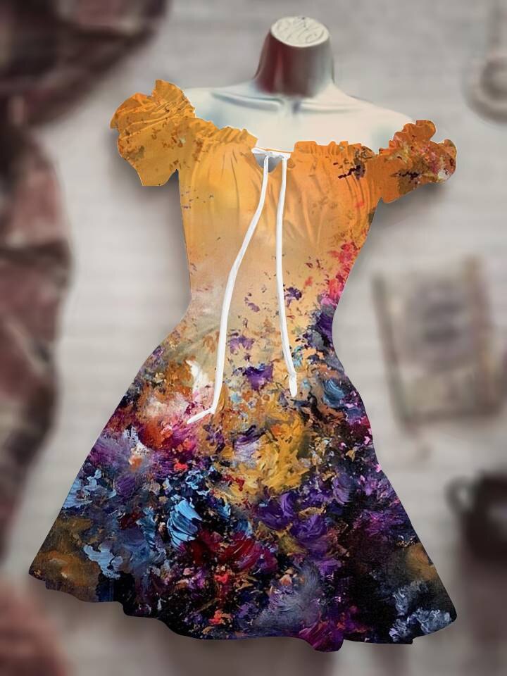 Horror Halloween Skull Costume puff sleeve Skirt Hawaiian Bohemian Short Sleeve Drawstring leisure Dress Skull Night Costume