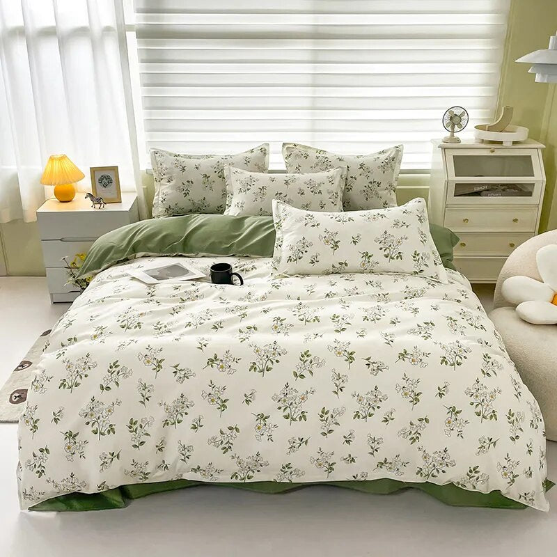 Yeknu - Floral Printed Duvet Cover Set with Sheet Pillowcases Warm Cute Cartoon Bed Linen Full Queen Size Home Gift Bedding Set