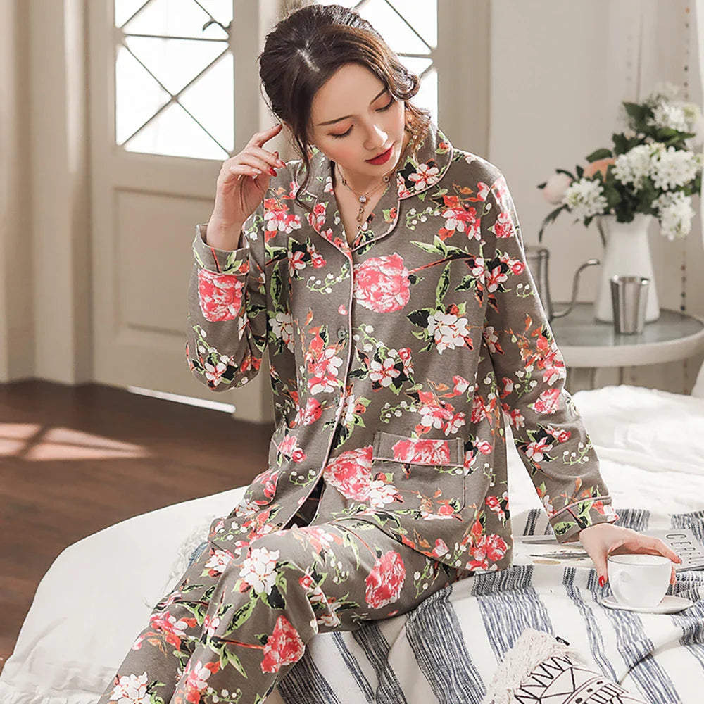 qgtao M-3XL 100% Cotton Elastic Waist Trousers Sets Spring Autumn Print Sleepwear Women's Big Size Pajama Breathable Soft Pijama Mujer