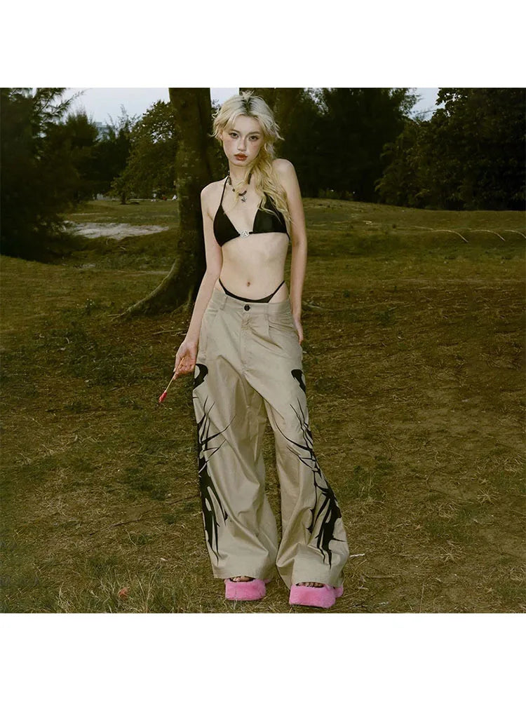 Woman Cotton Linen Pants Loose Trousers Low Waist Sweatpants Wide Leg Cargo Print Pants Classical Hiking Fashion Pant Kawaii