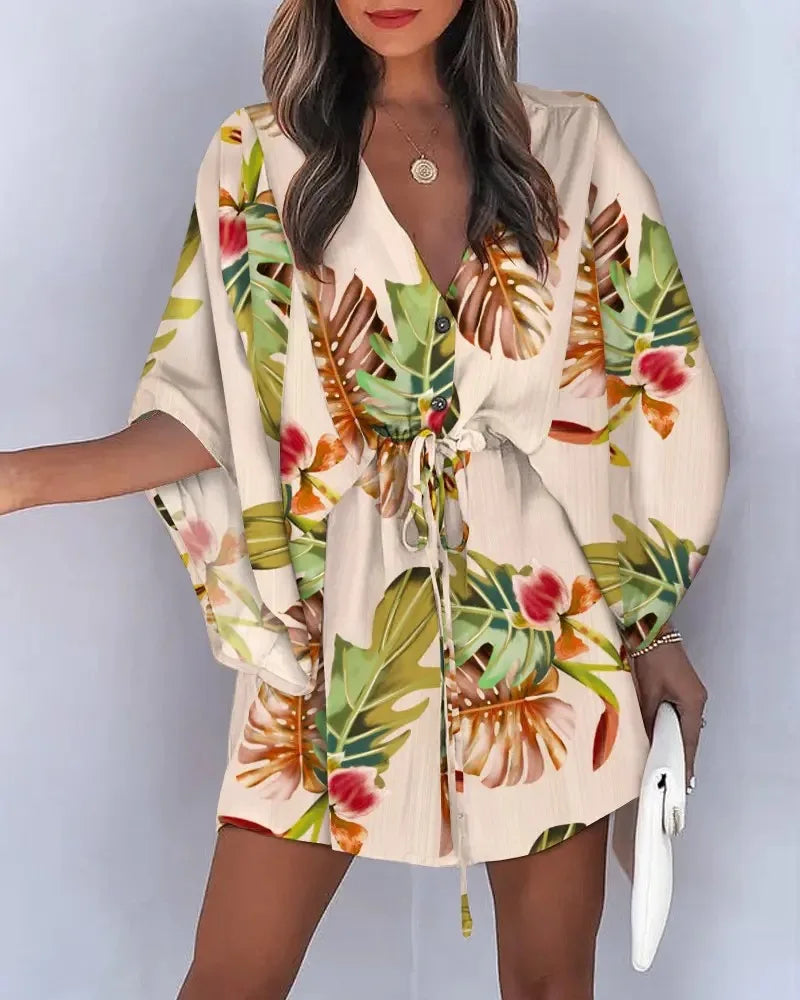 qgtao Women's Summer Flying Sleeves Sexy V-neck Lace Up Print Beach Dress 2023 Women's Spring Quarter Sleeve Loose Button Mini Dress