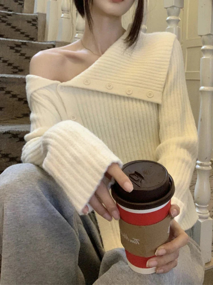 UCXQ Winter Women's Sweater 2024 New Versatile Sexy Coats Solid Irregular Off Shoulder Knitted Cardigan French Retro Knitwears