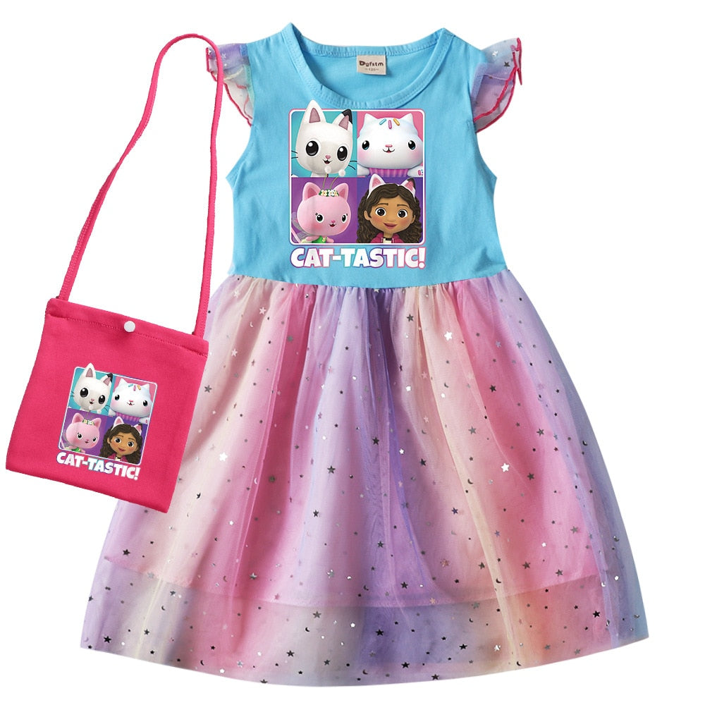Gabbys Dollhouse Clothes Baby Girls Sleeveless Dresses with Small Bag Kids Cartoon Cats-tastic Wedding Party Princess Vestidos