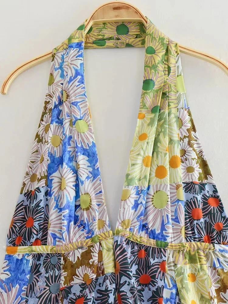 qgtao Boho Flower Print Halter Mini Dress Women Fashion 2023 Beach V Neck Sexy Backless Dress Holiday Party Dress