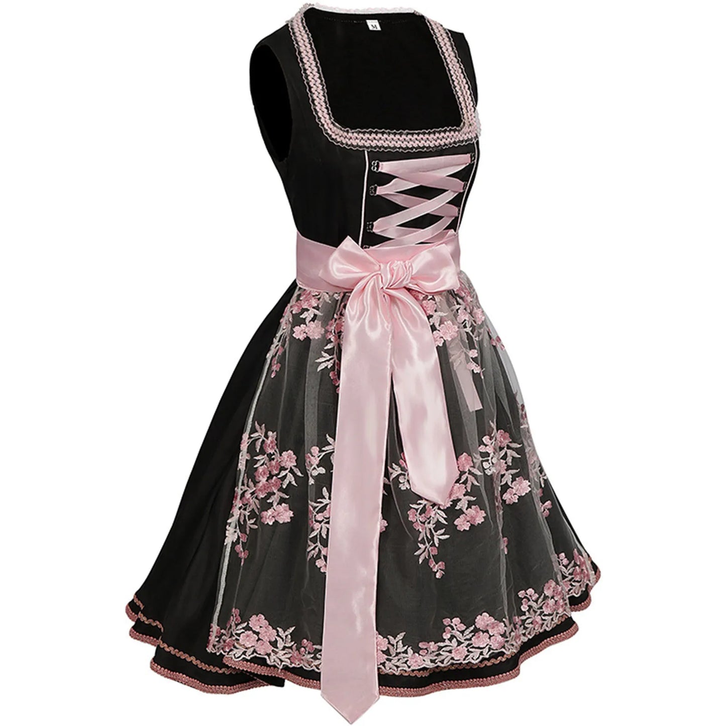 qgtao - Women Oktoberfest Dress With Floral Sheer Apron Lace-Up Dirndl Dresses Festival Traditional Bavarian Beer Costumes Clothes