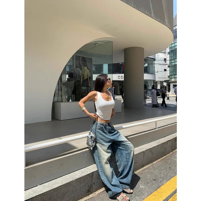 qgtao - Blue Womens Jeans High Waist Vintage Straight Summer Design Sense Denim Pants Streetwear American Wide Leg Baggy Denim Trouser