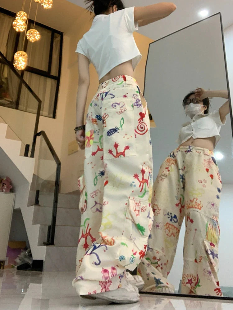 qgtao - Vintage Baggy Cargo Pants Women Y2k Fashion Straight Flower Pattern Low Waist Casual Sweatpants Hip Hop Slouchy Trousers