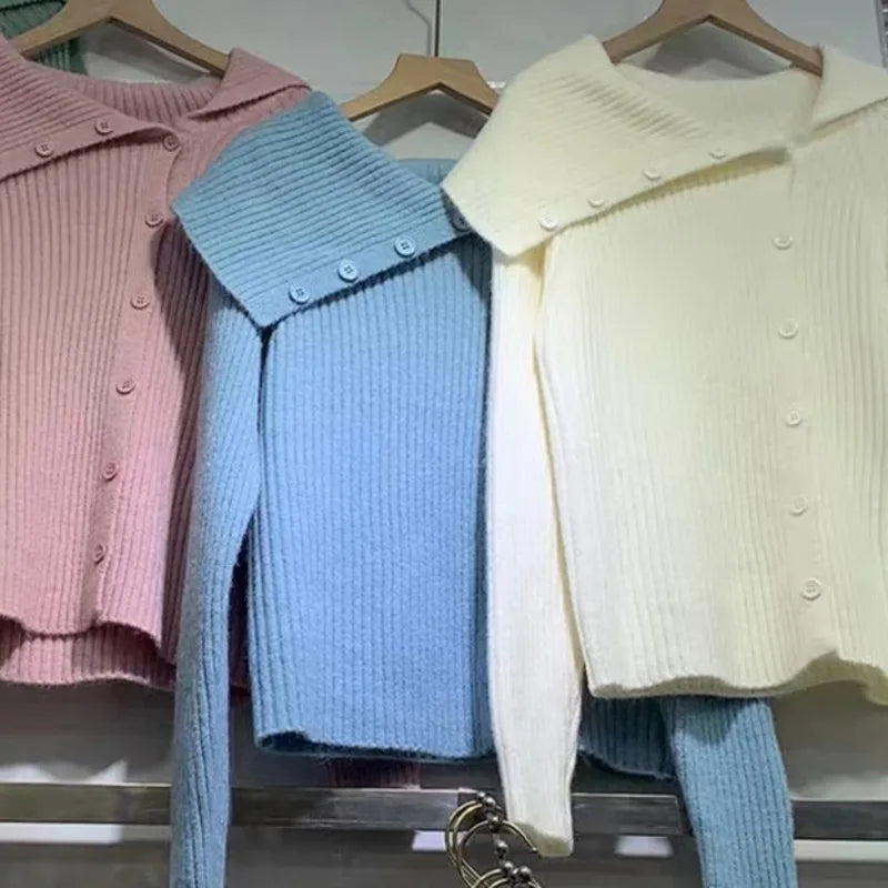 UCXQ Winter Women's Sweater 2024 New Versatile Sexy Coats Solid Irregular Off Shoulder Knitted Cardigan French Retro Knitwears