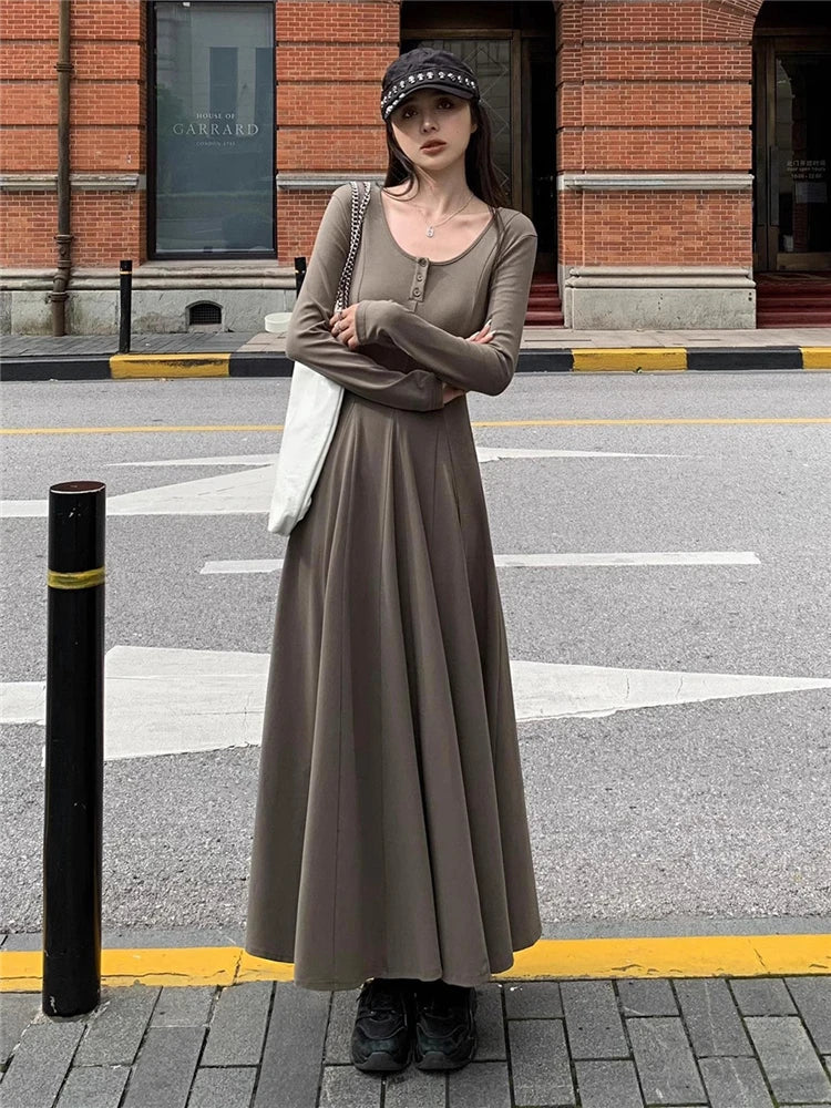 qgtao-Elegant Black Knitted Midi Dresses for Women Autumn and Winter Fashion Solid Sweet Cute Slim Chic Vintage Female Long Dress