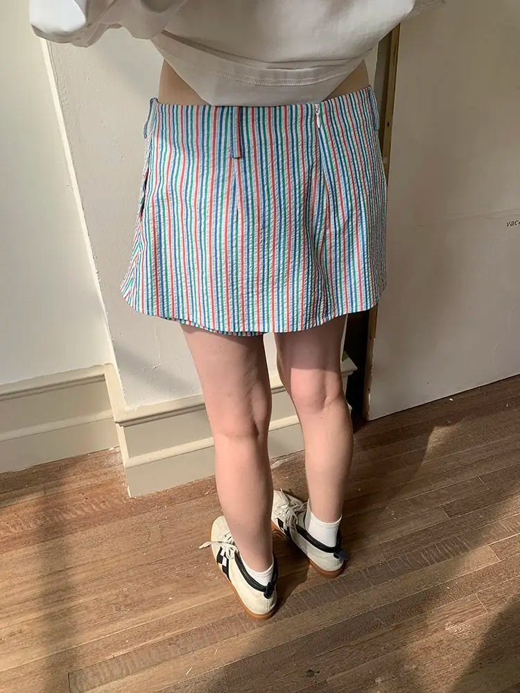qgtao - Summer Stripe Shorts Women Y2k Causal Baggy Low Waist Korean Straight Half Pants Streetwear Fashion Female Short Skirts