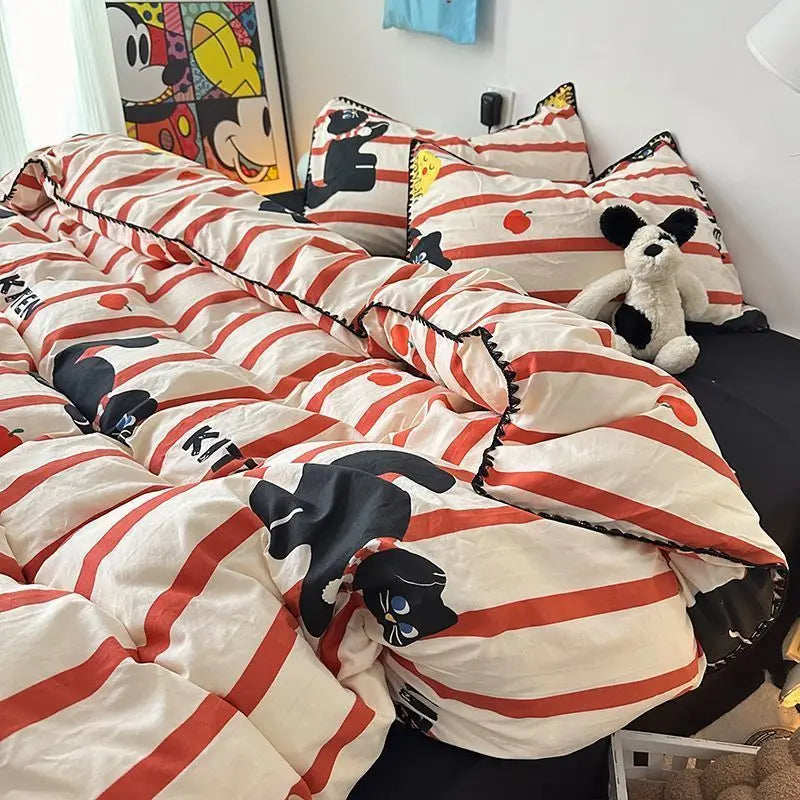 Yeknu Bedding Set Double Layered Yarn INS Girls Mushroom Soft Washed Cotton Bed Sheet Queen King Size Duvet Set Pillowcase Bed Sheet