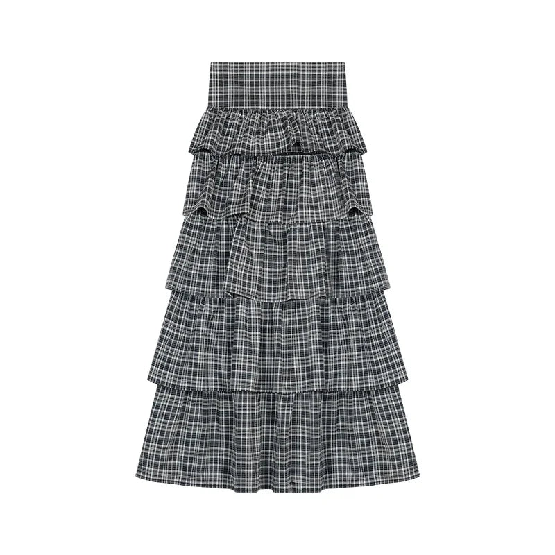 qgtao  -  Harajuku Tiered Plaid Skirt Pleated High Waist Long Maxi Cake Skirt Mujer Summer Fashion Tshirt Sexy Two Piece Set Women