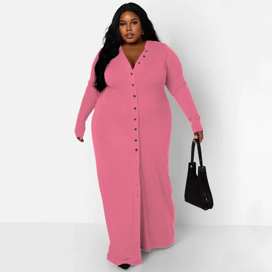qgtao casual Plus size long one piece dress Elegant V neck long sleeve Button solid color dresses  High Waist Slit vestido feminino