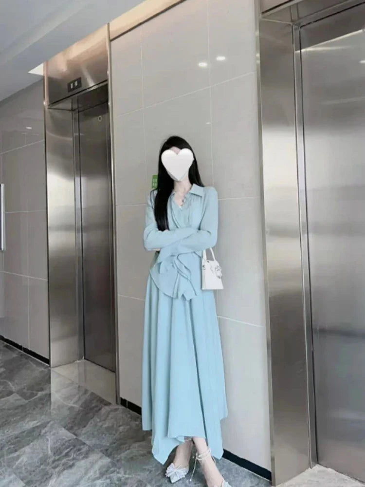 qgtao Autumn French Party Chiffon Skirt 2 Piece Set Women Casual Elegant Blouse + Office Lady Fairy Midi Skirt Korean Fashion