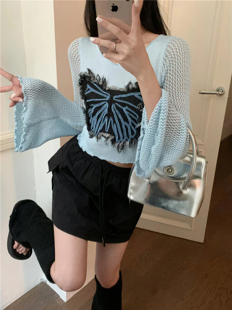 qgtao Y2k Sweater Vintage Butterfly Embroidery Knitted Pullover Suqare Neck Long Hollow Out Flare Sleeves 2024 Autumn Tops.