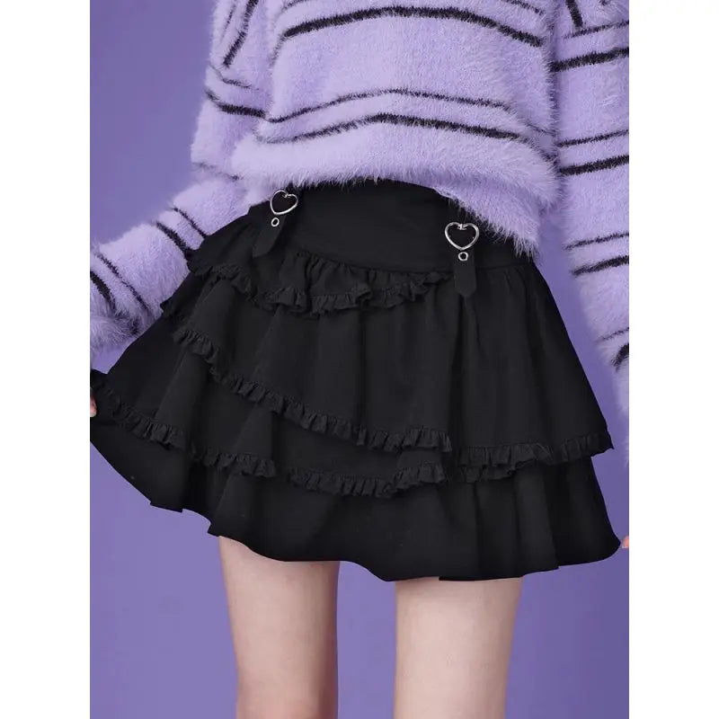 qgtao Black Y2k Mini Skirt Women Sweet Harajuku Kawaii Ruffle Gothic Patchwork Short Skirt Casual Grunge Street A-line Skirts