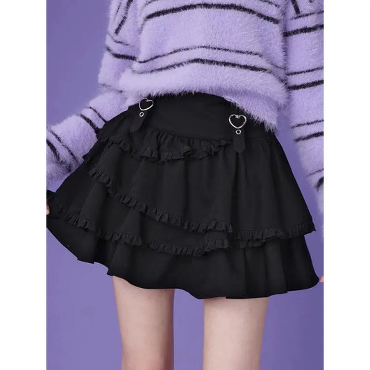 qgtao Black Y2k Mini Skirt Women Sweet Harajuku Kawaii Ruffle Gothic Patchwork Short Skirt Casual Grunge Street A-line Skirts