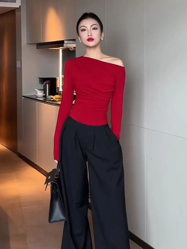 2024 Slim White Tshirt Black Red Woman T-shirt Sexy Plain Clothing Off Shoulder Top for Women Aesthetic Korea Stylish Funny Tee