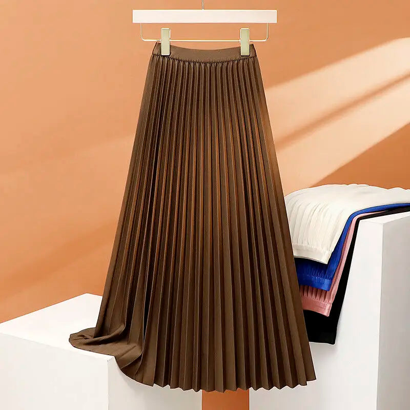 qgtao Elegant Long Pleated Skirt Women Spring Autumn Solid Elastic Waist A-line Slim Luxury Midi Skirt Vintage Female