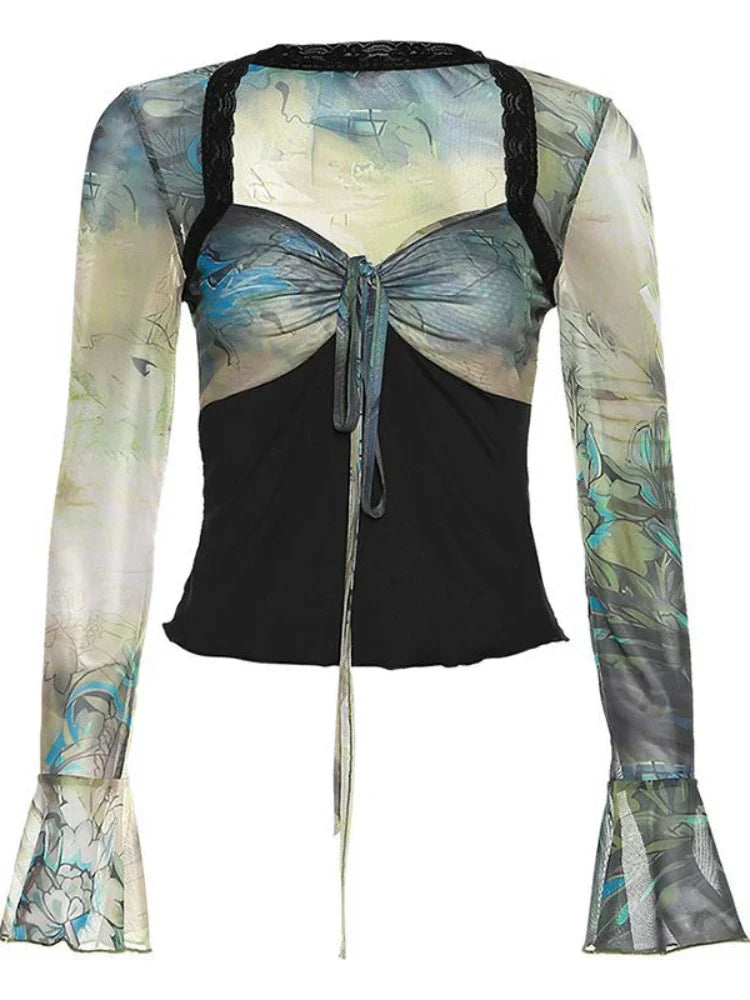 qgtao Y2k Vintage Tie Dye Printed Patchwork Square Neck T-shirt Flare Sleeve Slim Fit Streetwear Spring Autumn Shirts 2024.