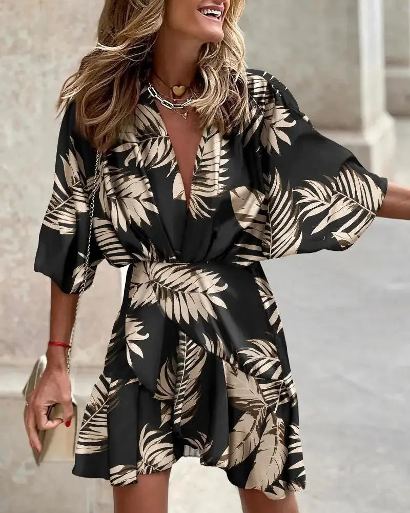 qgtao Spring And Summer Women's Bat Sleeves Sexy V-Neck Hem Irregular Dress New Women's Printed Fashion Loose 5/4 Sleeve Mini Dress