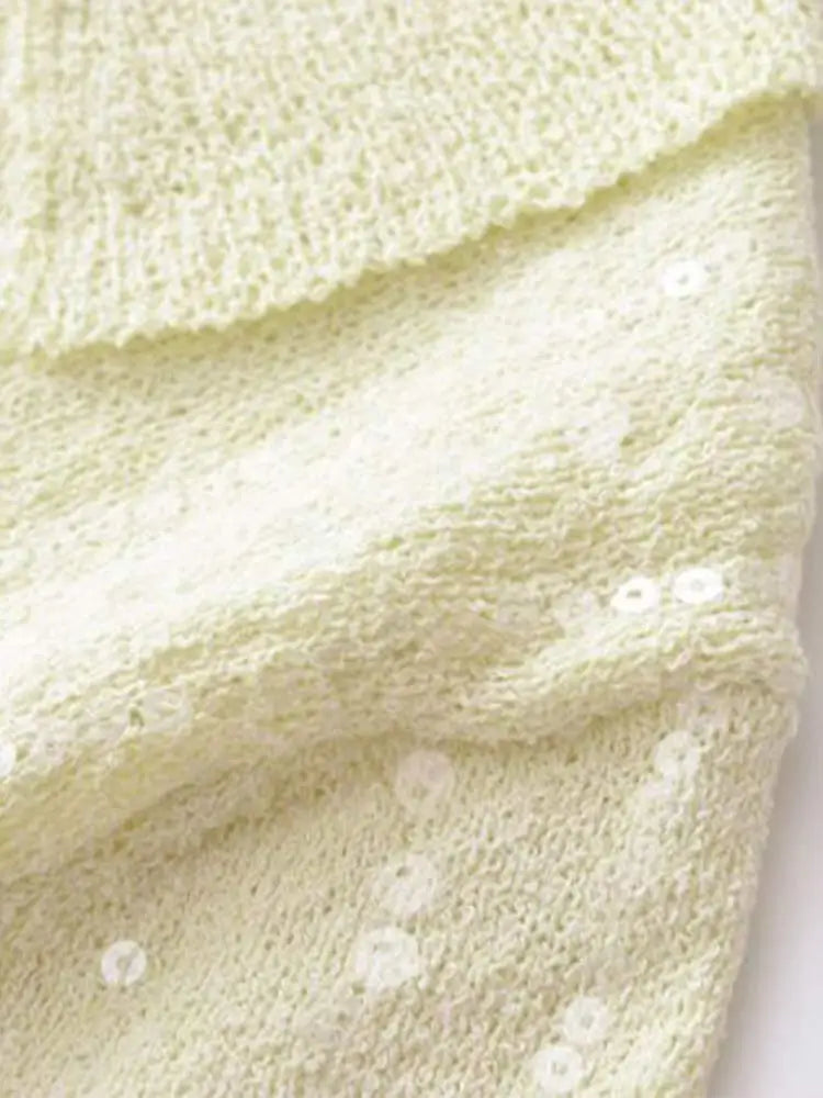 qgtao - Elegant Sequins Sparkling Knitted Short Sleeved Pullover Female Solid Simple Lapel Button Pullovers 2024 New Lady Knitwear Tops