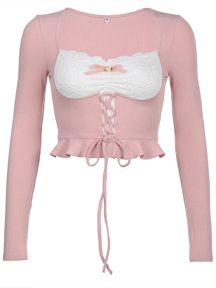 qgtao Y2K Crop T-Shirts Women Sexy Lace Patchwork Top Female Hot Sweet Slim Long Sleeve T Shirt Ladies Korean Square Collar Bandage Tee