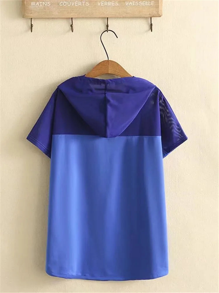 qgtao 2024 Plus Size Clothes For Women In Summer Wear Short Sleeve Hooded Mesh Stitching Breathable Fabric Large Size High Quality Tops