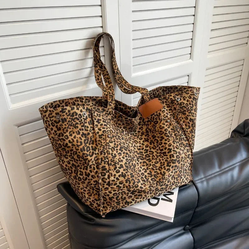 qgtao Oversized Leopard Prints Shoulder Bags for Women Deformable Canvas Large Capacity Shopping Totes 2024 Winter New Luxury Handbags
