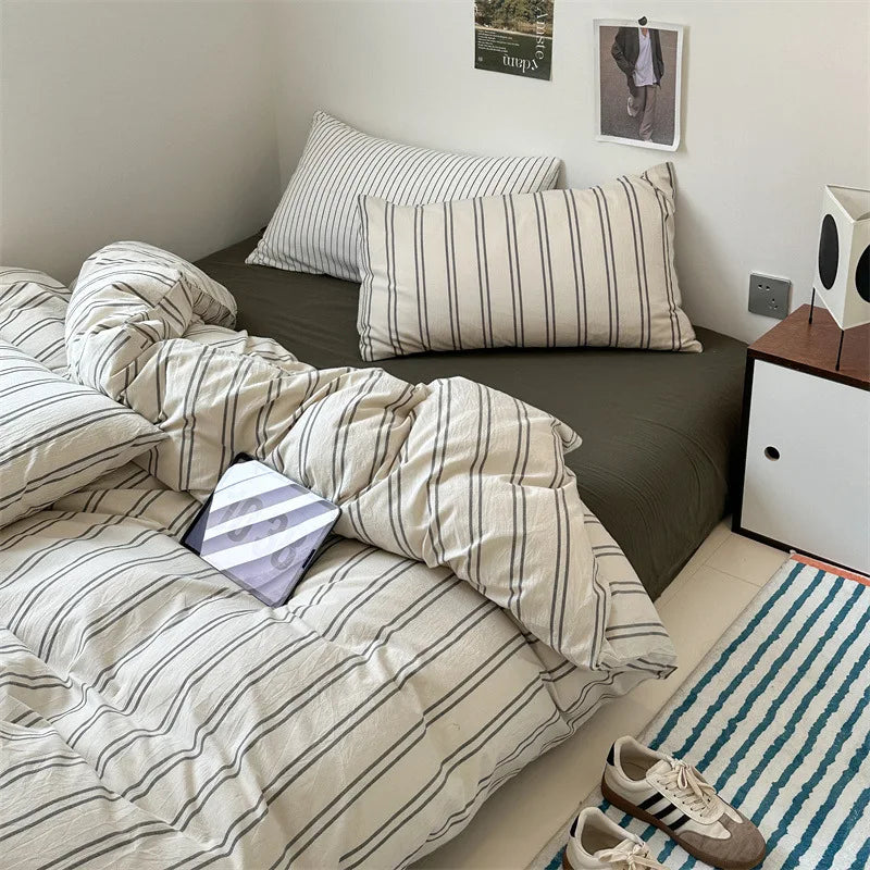 Yeknu Cotton Japanese Duvet Cover Fitted Flat Sheet Pillowcase Set No Filling Single Double King Size Ins Style Bedding Kit
