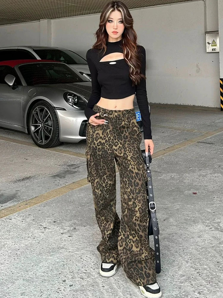 qgtao Leopard Print Pants Women Y2K High Waist Multiple Pockets Vintage Trousers Streetwear Hip Hop Loose Wide Leg Cargo Jeans