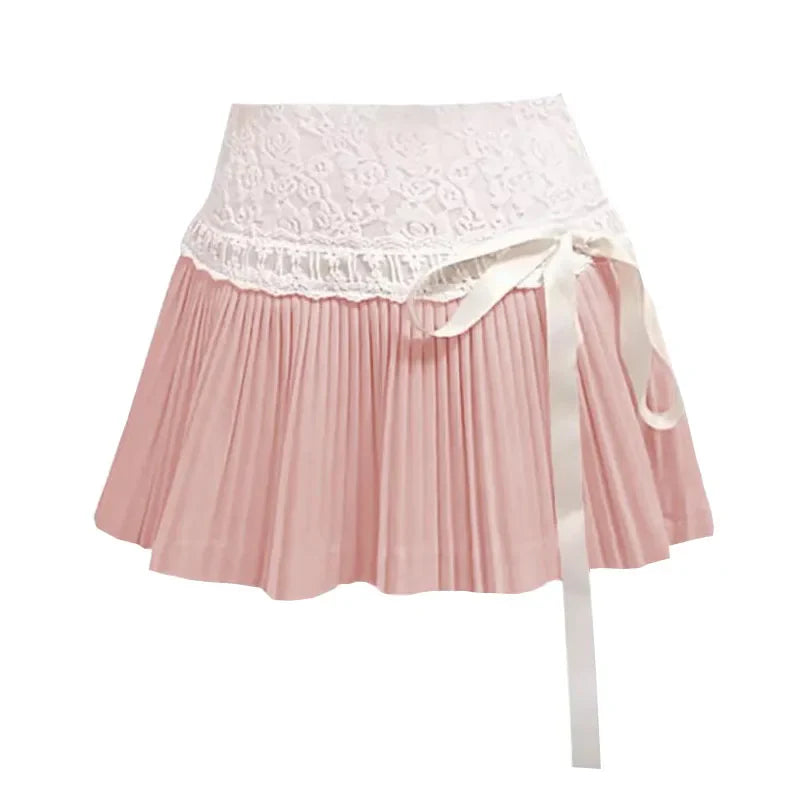 qgtao  Coquette Pleated Skirt Women Fairycore Elegant Mini Skirts Kawaii Sweet Lace Up Bow Cute Fanshion Summer Short Skirt