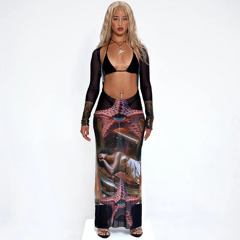 qgtao Sexy Mesh See Through Maxi Dresses for Women Fashion Ocean Printed Backless Dress Long Sleeve Bodycon Party Dress 2024
