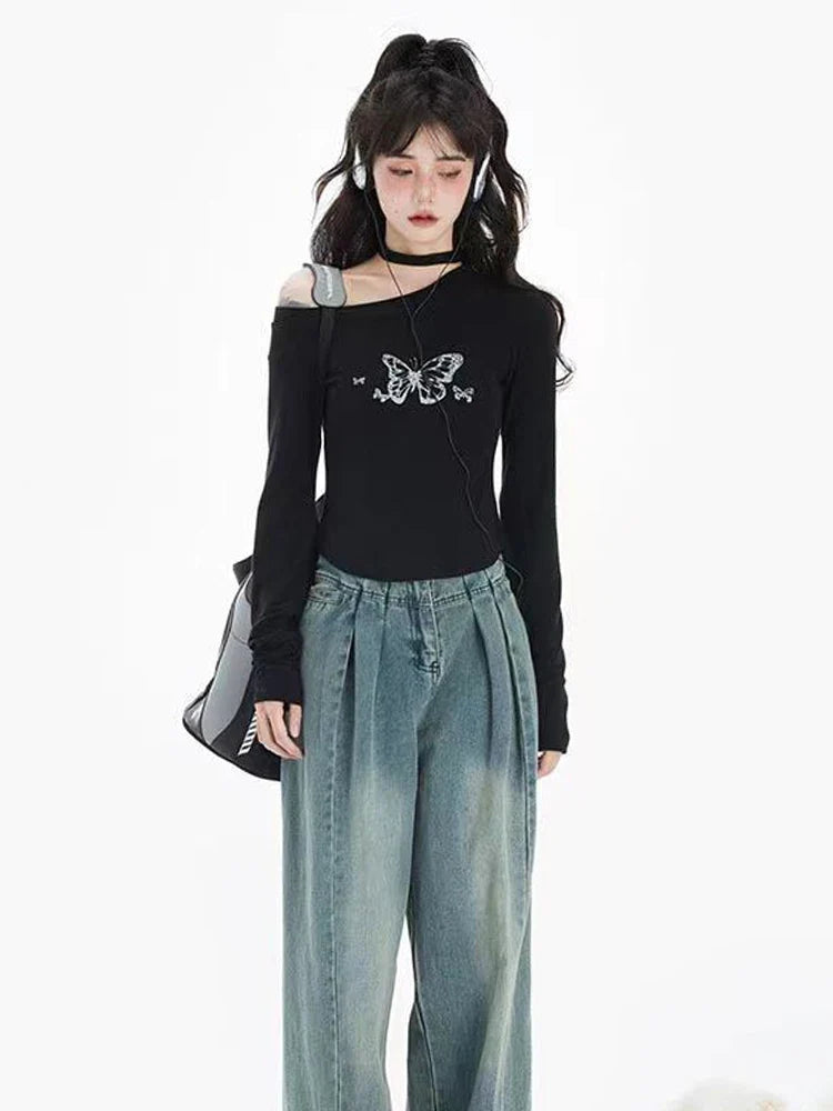 Butterfly T-shirt Women Graphic Top Girl Sexy Off Shoulder Long Sleeve Top Female Harajuku Slim Fashion Slim Gothic Tees Summer