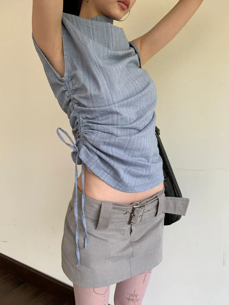 qgtao - Blue Sleeveless Tank Tops Women Striped Irregular T-shirts for girl Drawstring Lace Up High Neck Tees Hip Hop Streetwear