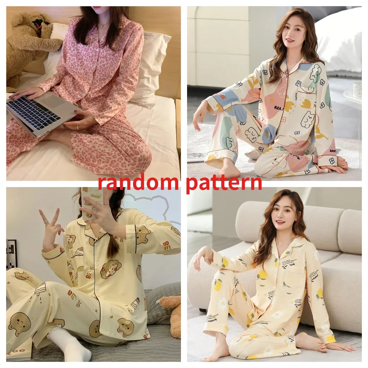 qgtao Spring Autumn Pajamas Women's Winter Sleepwear Set Korean Version of Ins Style Cute Long Sleeve Trousers Set Female Loungewear
