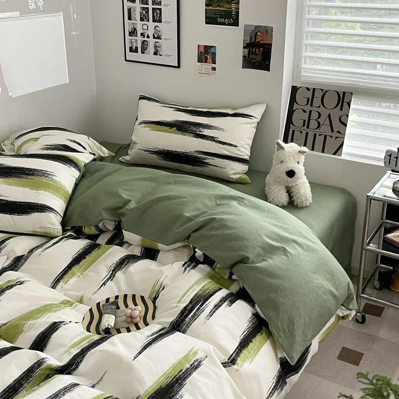 Yeknu Ins Stripe Bedding Set Green Black Duvet Cover with Pillowcase Simple Quilt Cover Adults Single Double Full Size
