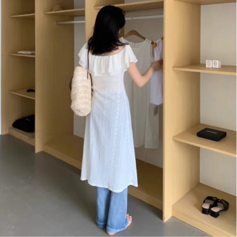 qgtao Elegant Dresses for Women Korean Sweet Long White Black Midi Dress Vintage Sexy Streetwear Y2k Chiffon Dress Casual