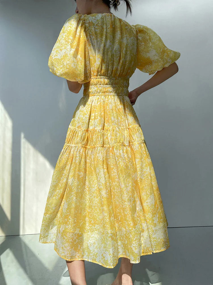 French Floral Printed Puff Sleeve Beading Midi Dress Women V Neck Elegant Slim Waist Party Dresses Fashion Summer