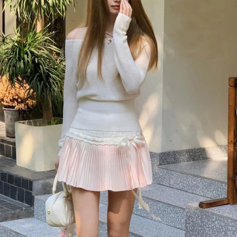 qgtao  Coquette Pleated Skirt Women Fairycore Elegant Mini Skirts Kawaii Sweet Lace Up Bow Cute Fanshion Summer Short Skirt