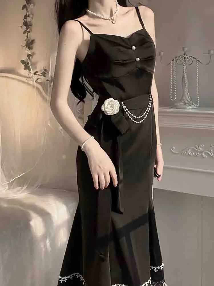 qgtao French Vintage Fairy Mermaid Dress Women Lace Korean Party Princess Strap Dress Female 2024 Spring Court Sweet Lolita Midi Dress