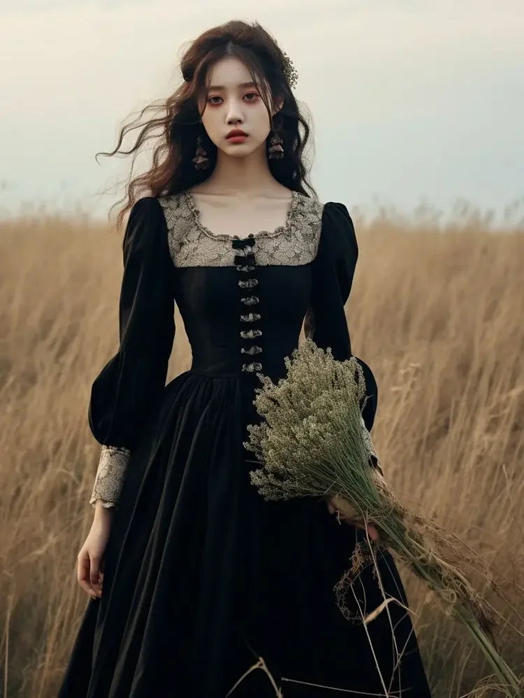 qgtao French Hepburn Style Black Vintage Dress Autumn 2024 New Elegant Patchwork Square Collar Long Sleeve A-line Maxi Dress for Women