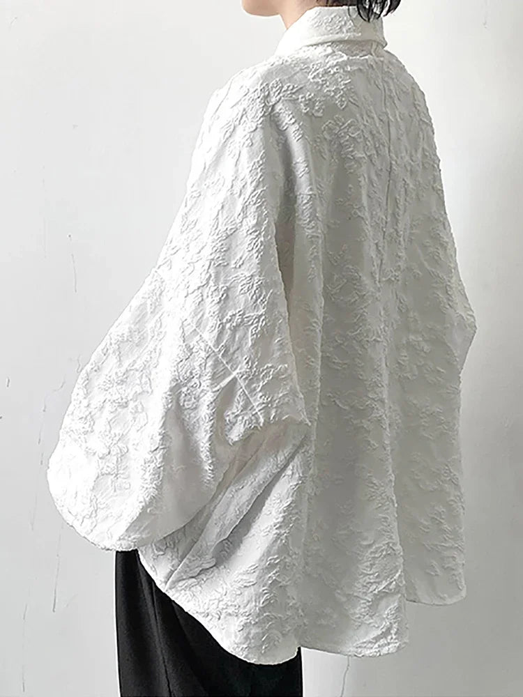 qgtao Oversized Shirt Women White Jacquard Long Sleeve Top Spring Chic Single Breasted Blouse Female Casual Loose Solid Color