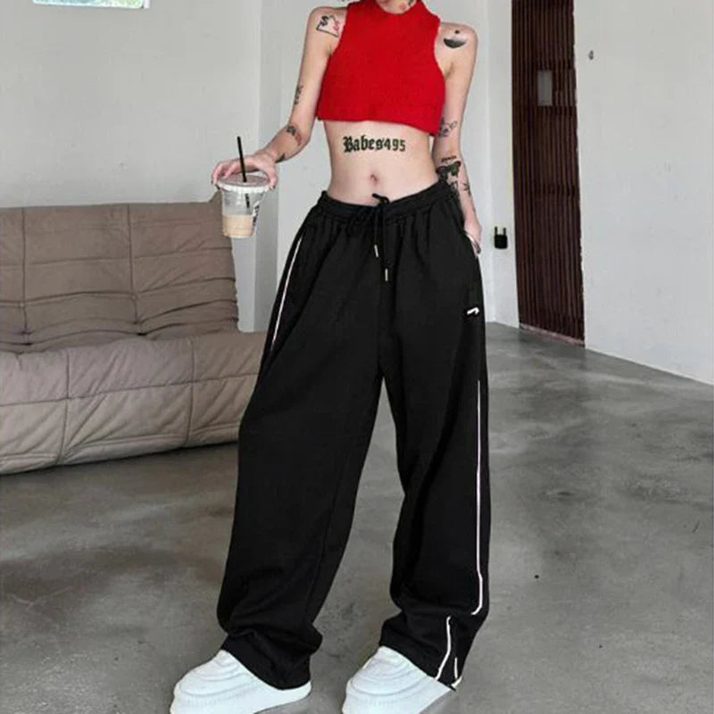 qgtao Vintage Baggy Jogging Striped Sweatpants Women Y2k Harajuku High Street Sport Pants Elastic Waist Straight Casual Trousers