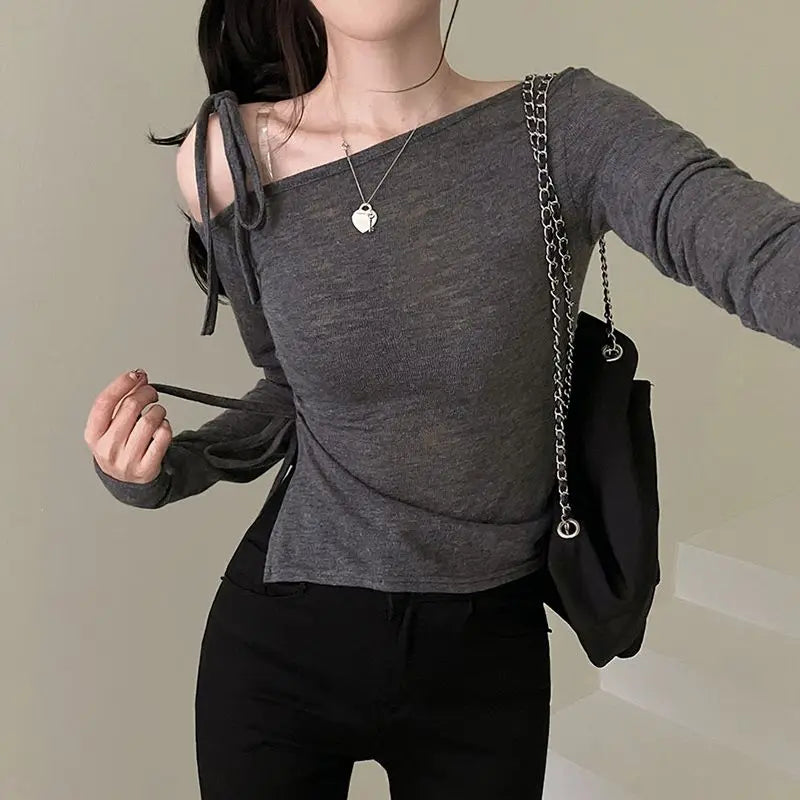 Vintage Y2K Off Shoulders Crop T -shirt Korean Women Long Sleeve Shirring Lace-up Top Blouse Aesthetic Harajuku Gothic Clothes